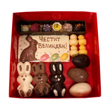 Кутия Великден с шоколадова картичка от бял шоколад